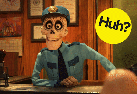 Huh animatie. Een skelet in een blauw uniform zit achter een bureau.. zijn mond valt open… Huh? Wat bedoelt u.