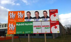 Billboard Huh?! politiek, alle posters zijn veranderd. Huh66 en Partij van de Huh.