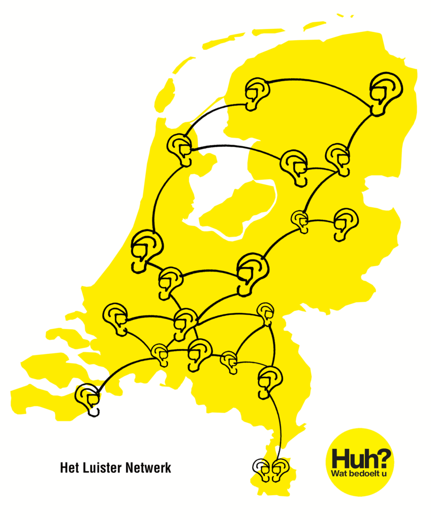 Kaartje van Nederland met allemaal oortjes, samen bouwen we een luister netwerk.